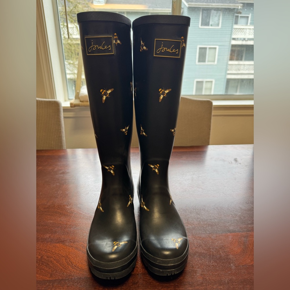 Joules Black Boots with Gold Bee Design